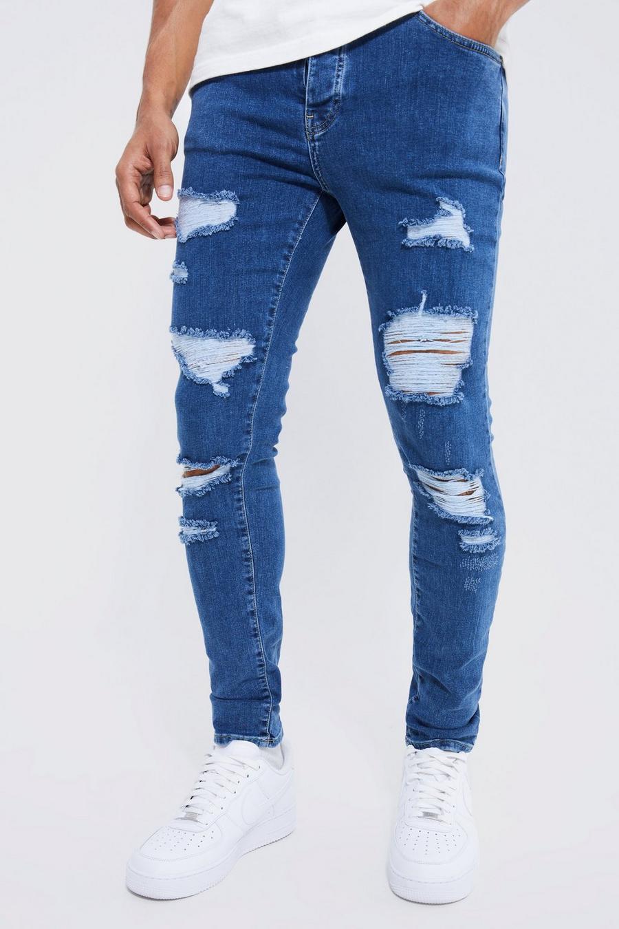 Jeans Skinny Fit Stretch con strappi all over, Mid blue azzurro