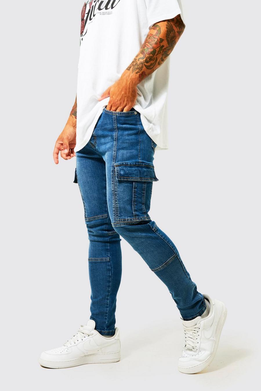 Mid blue Super Skinny Panelled Cargo Jeans