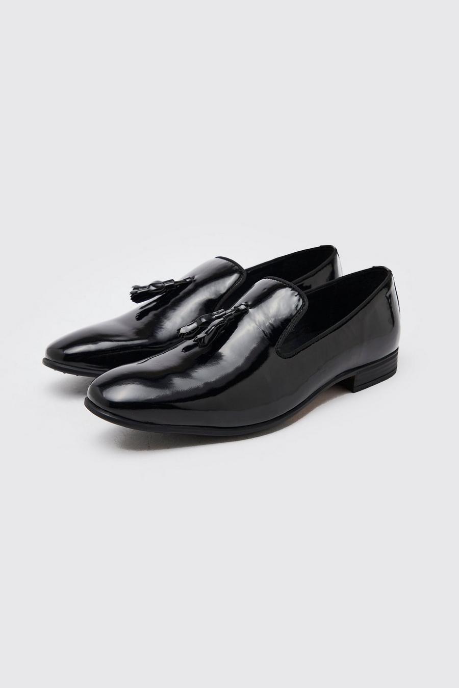 Black svart Loafers i lack med fransar