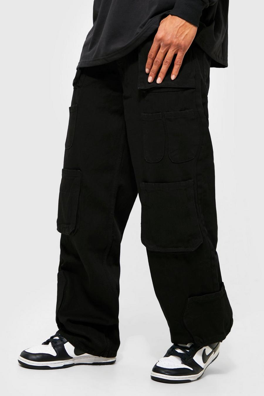 Black Baggy Fit Multi Cargo Pocket Jeans