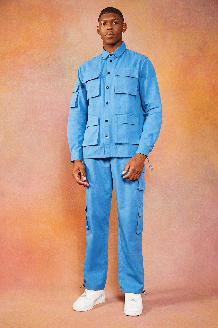 Conjunto de pantalón recto y sobrecamisa cargo de sarga, Marine blue image number 1