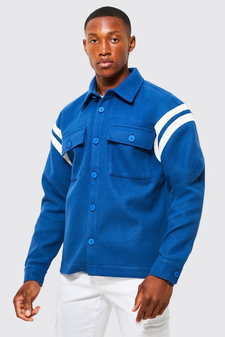 Marine blue Boxy Melton Overhemd Met PU Insert