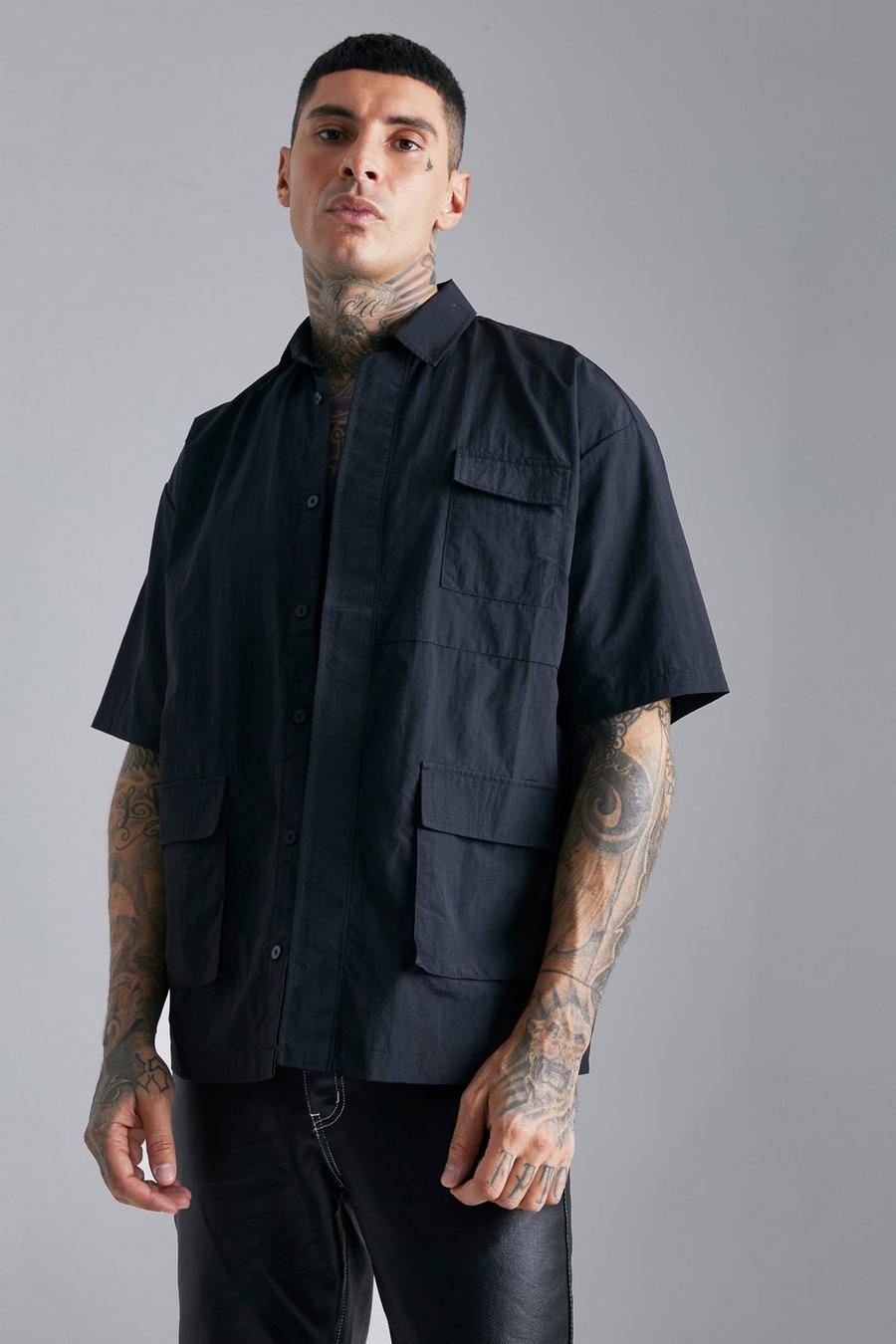 Sobrecamisa oversize recta cargo de nailon, Black image number 1