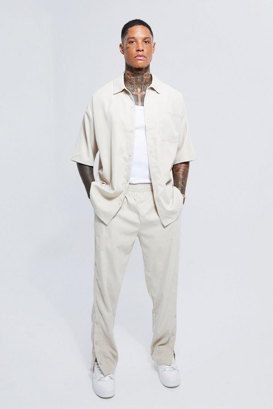 Light beige Boxy Oversized Popper Shirt & Trousers Set image number 1
