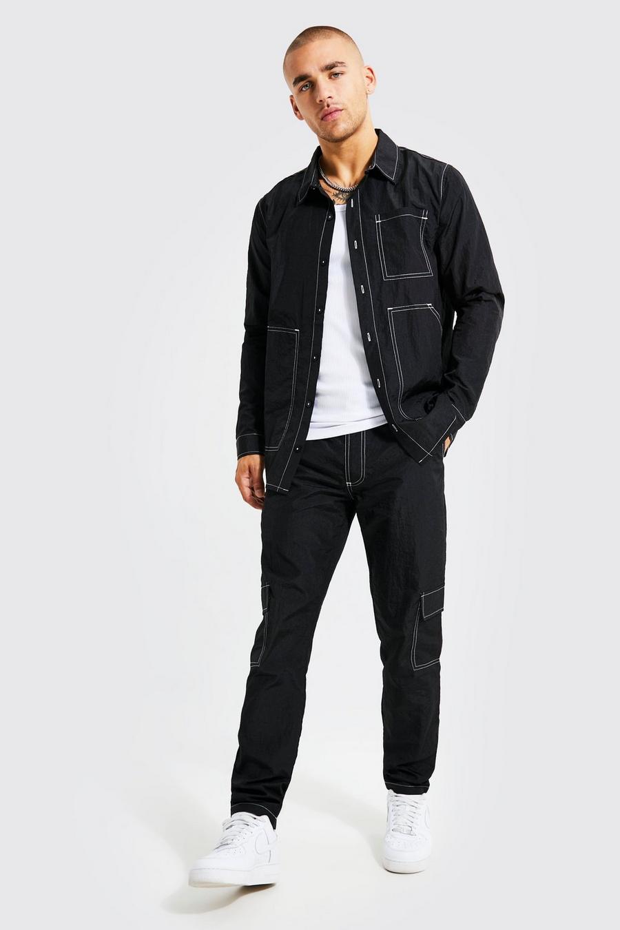 Black Nylon Workwear Overshirt & Trousers Set image number 1