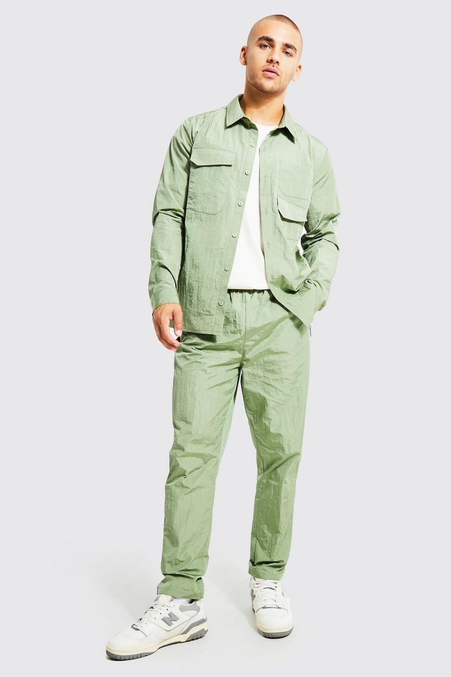 Sage green Nylon Overshirt & Tapered Trousers Set image number 1