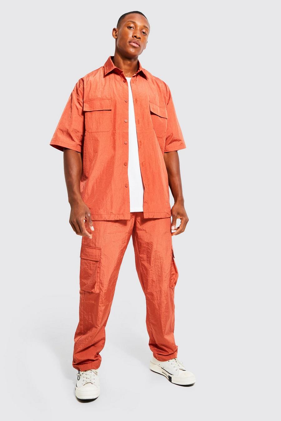 Burnt orange Boxy Oversized Cargo Shirt & Trousers Set image number 1