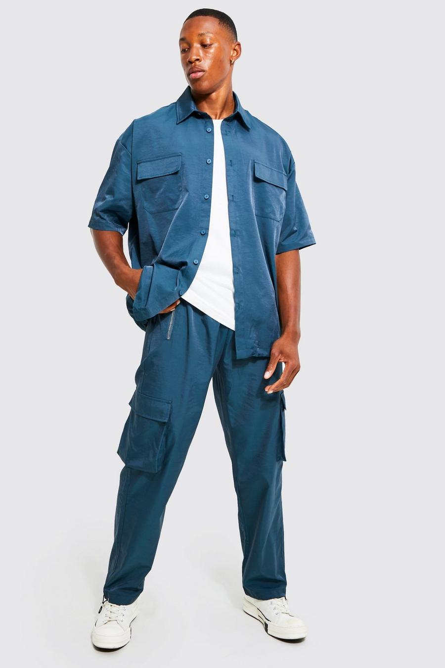 Marine blue Oversized cargoskjorta och byxor