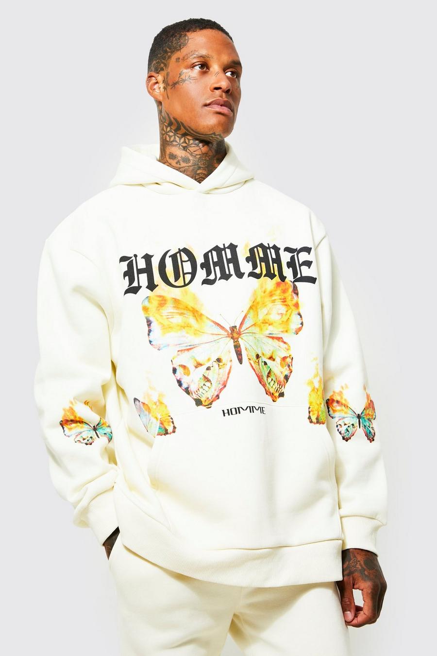 Ecru Oversized Homme Butterfly Graphic Hoodie image number 1