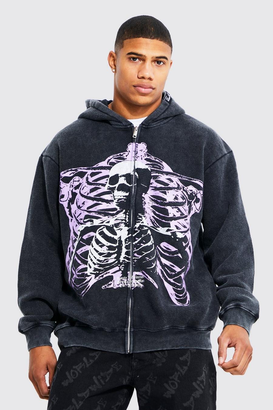 Black Oversized Skeleton Graphic Zip Through Hoodie image number 1
