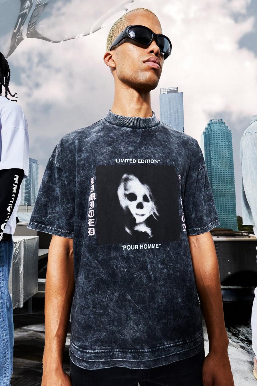 Charcoal grey Boxy Fit Acid Wash Skull Graphic T-shirt