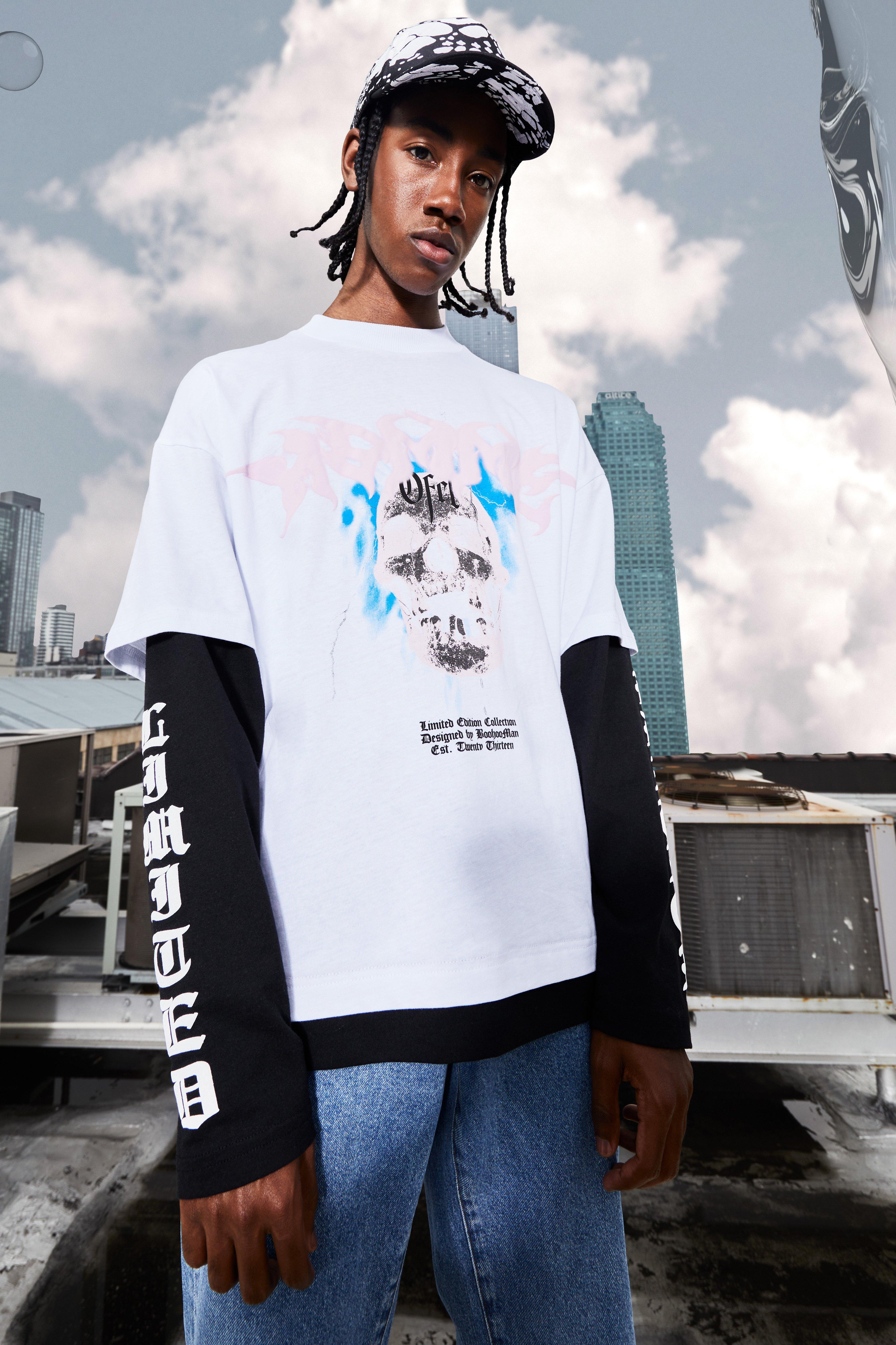 Oversized Faux Layer Skull Graphic T-shirt