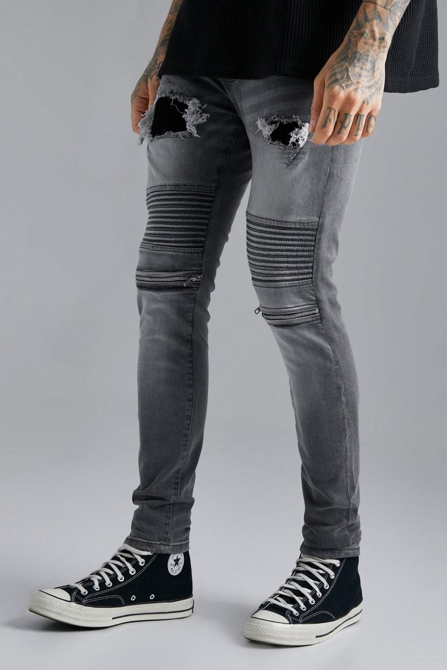Mid grey gris Skinny Stretch Ripped Biker Jeans With Zips