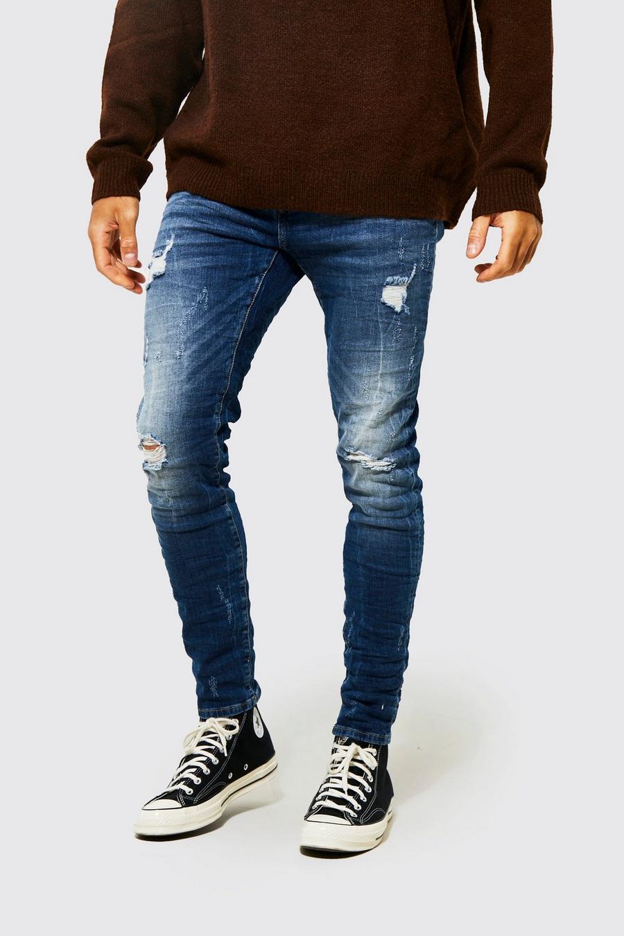 כחול כהה סקיני ג'ינס נמתח עם קרעים וקמטים image number 1