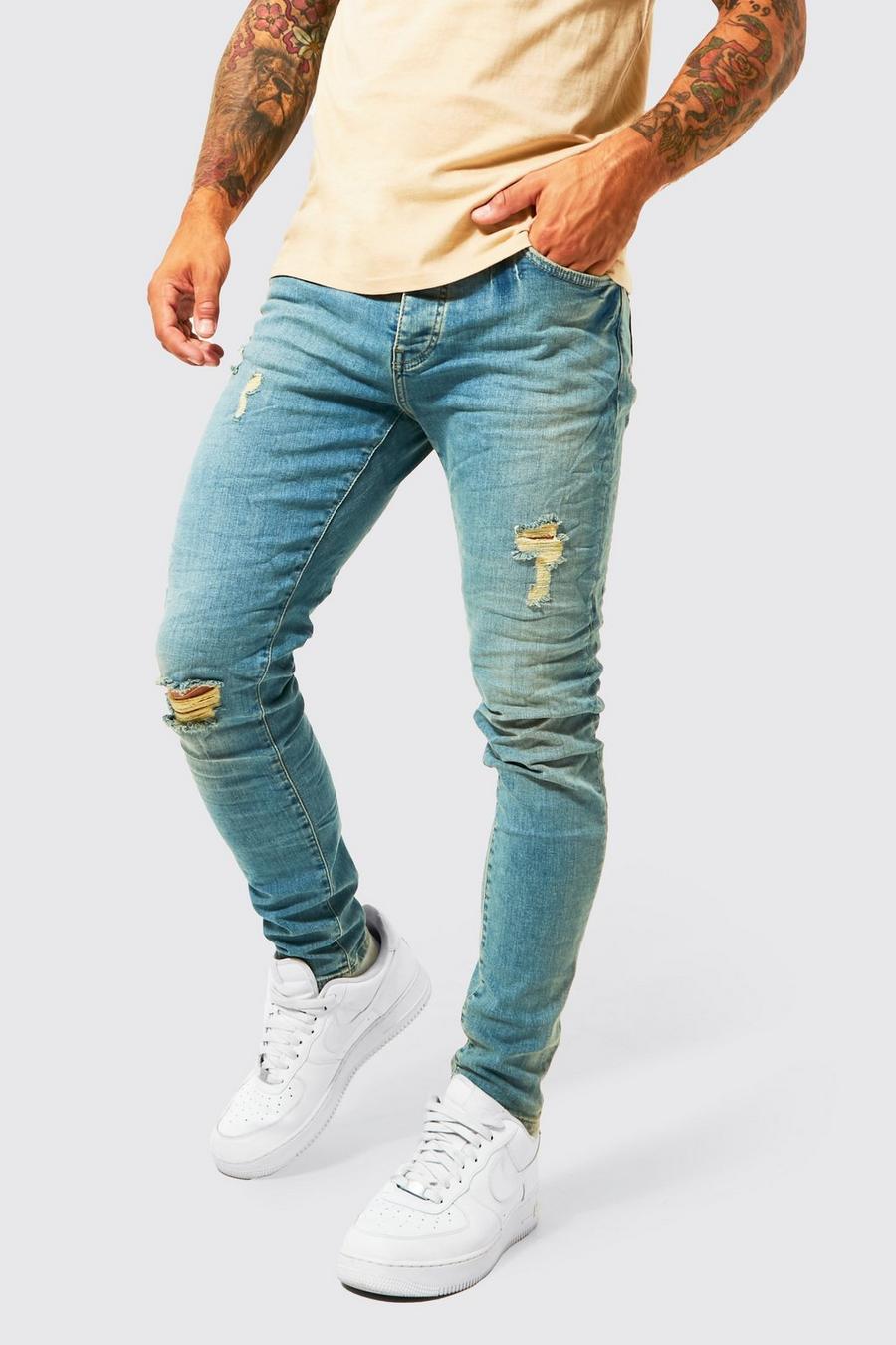 Mid blue Skinny Stretch Busted Knee Crinkle Jeans