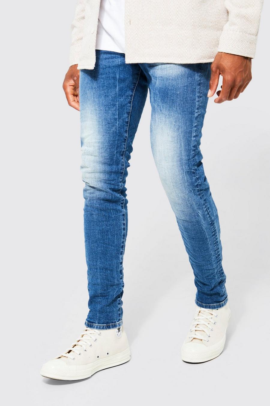 כחול ביניים ג'ינס סקיני נמתח עם אפקט קמטים image number 1