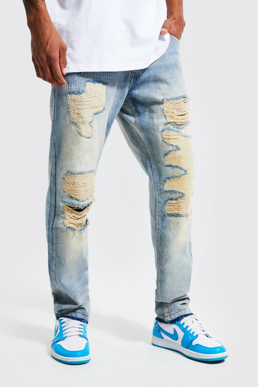 Jeans dritti con strappi & rattoppi, Antique wash azzurro
