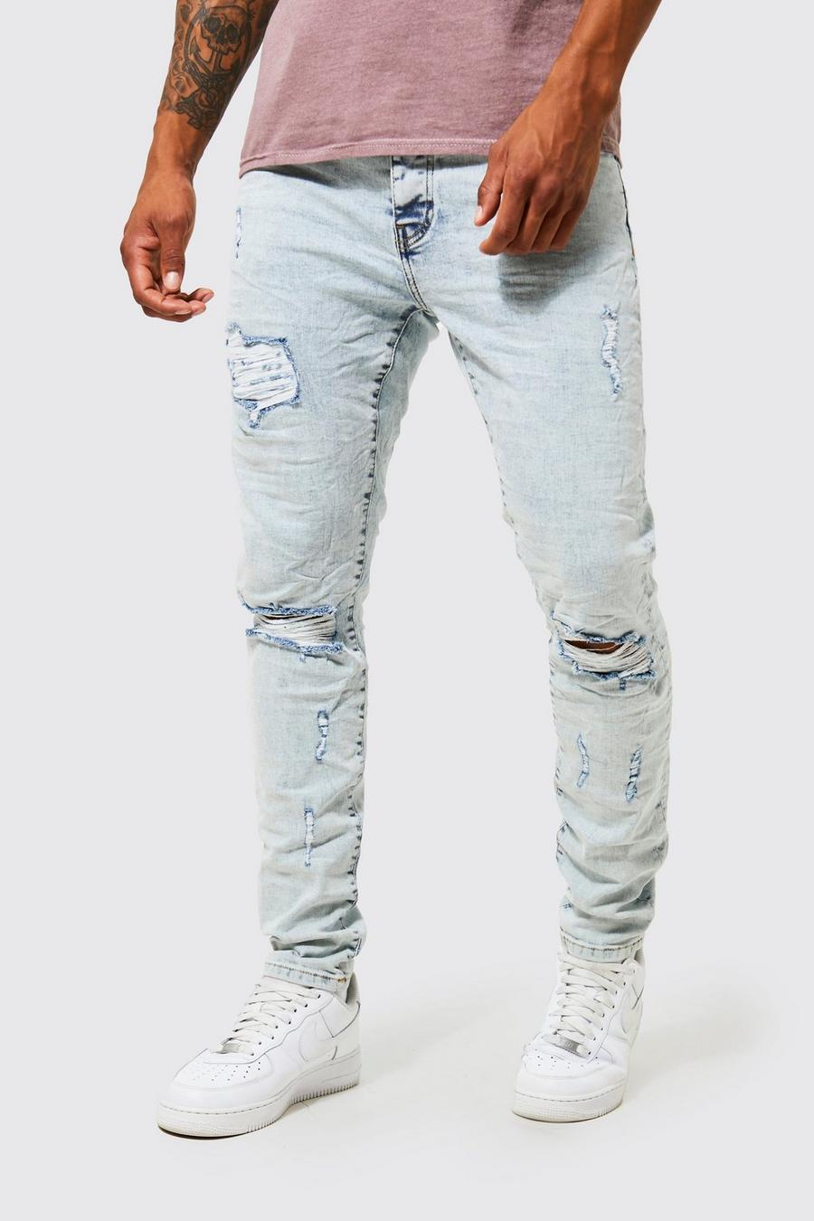 Ice blue Skinny Stretch Ripped Knee Crinkle Jeans image number 1
