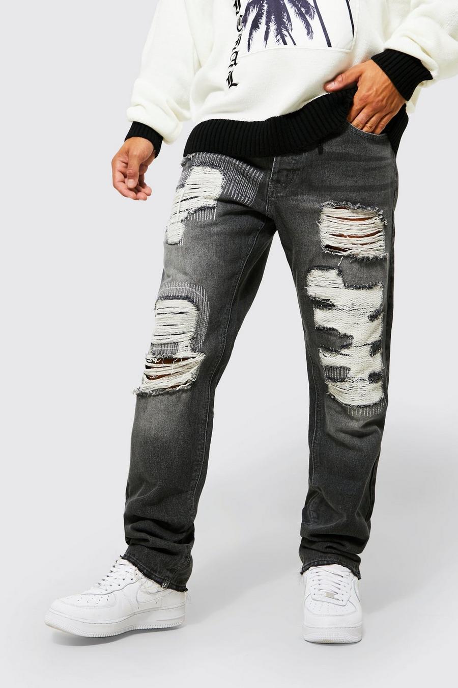 Jeans dritti con strappi & rattoppi, Mid grey grigio