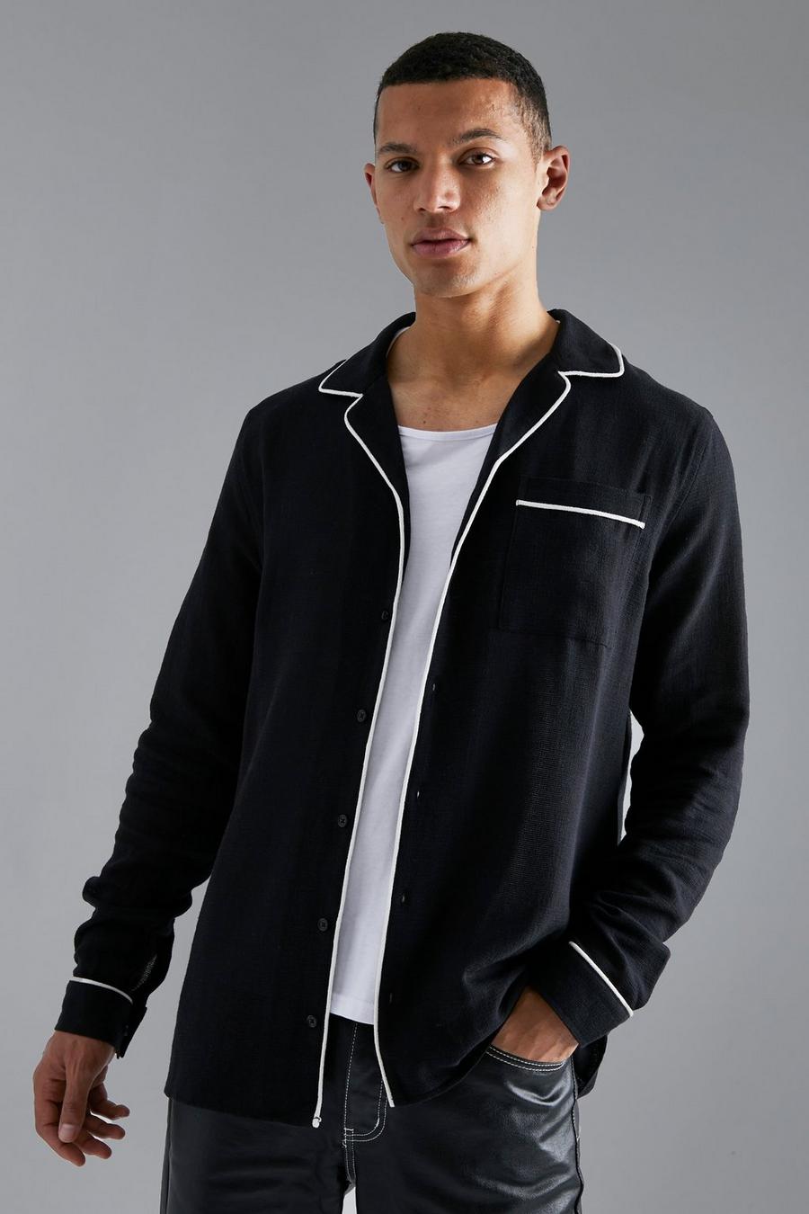Black Tall Slub Texture Pyjama Shirt With Piping image number 1