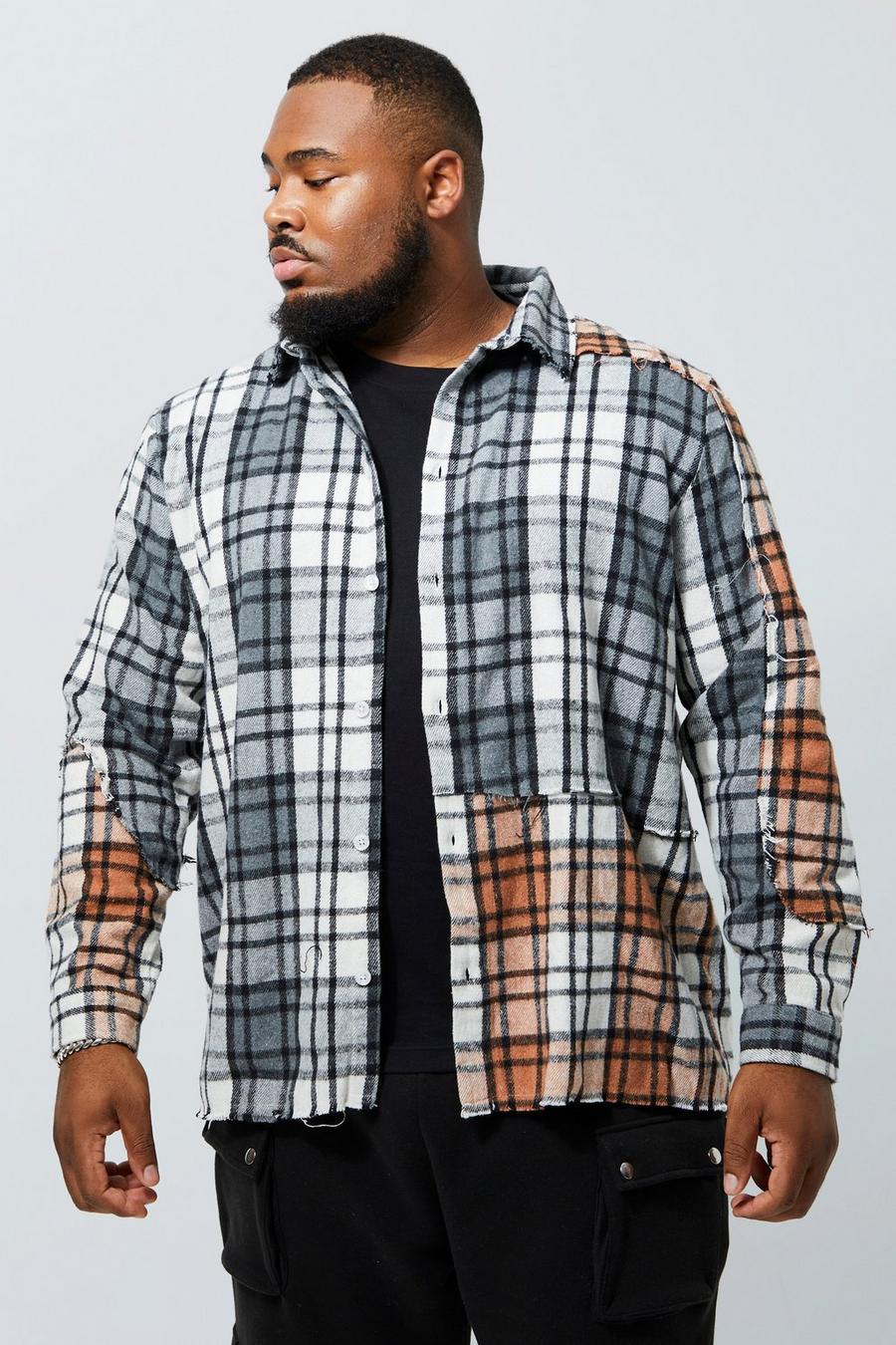 Black Plus Spliced Heavy Brushed Check Overshirt image number 1