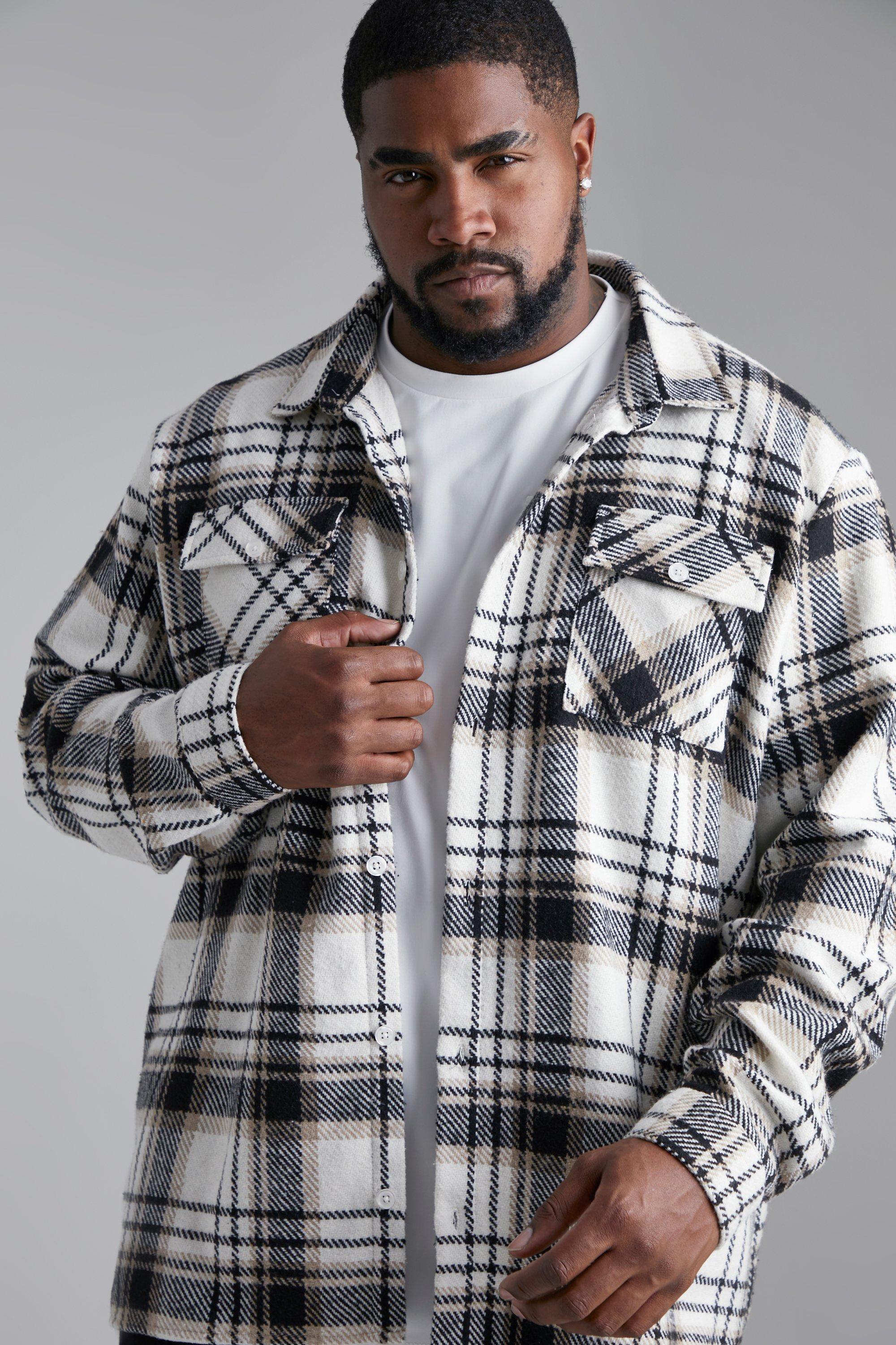 Men's Plus Heavyweight Large Scale Check Overshirt | Boohoo UK