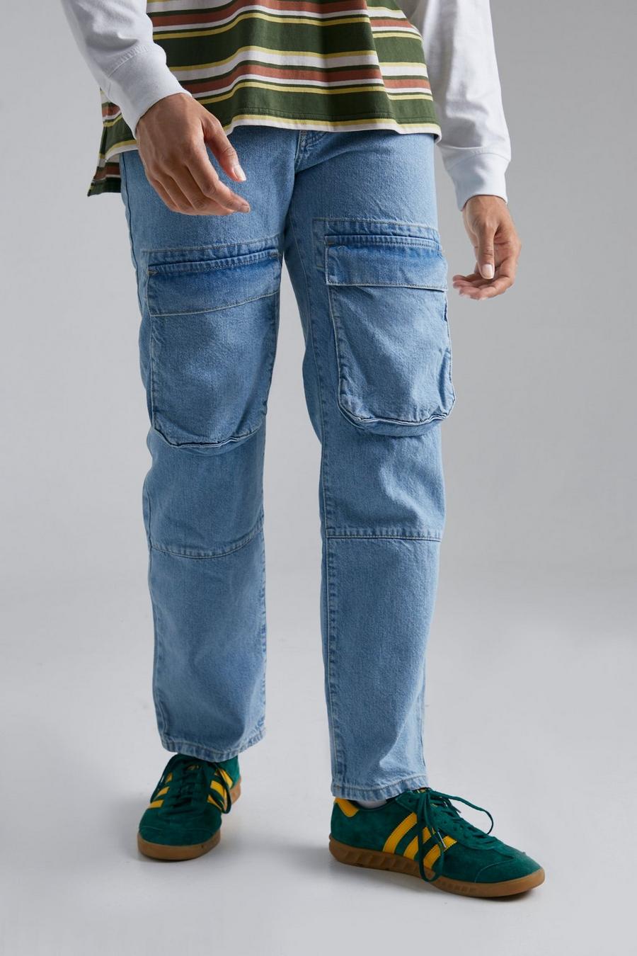 Light blue Relaxed Fit Embroidered Cargo Jeans image number 1