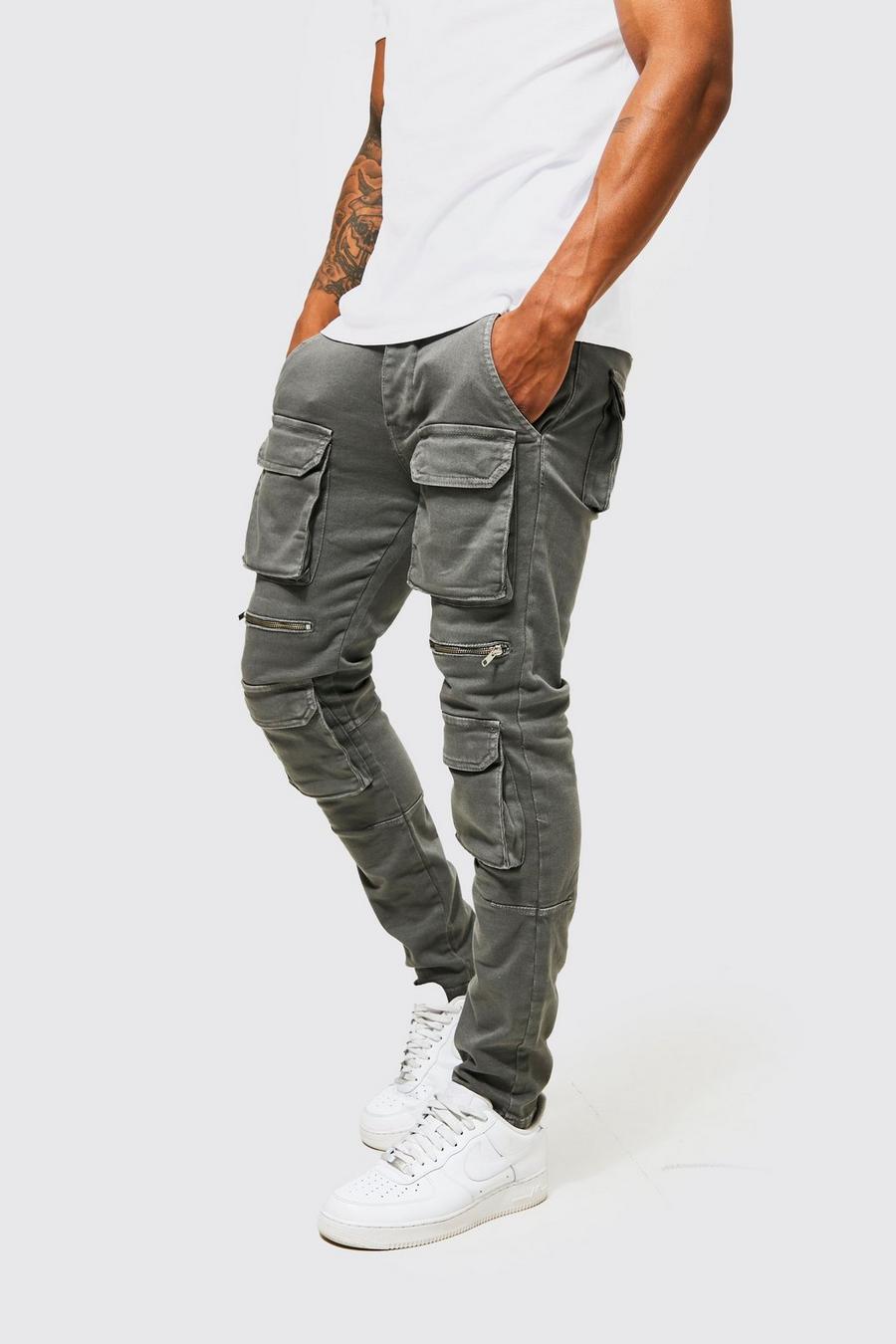 Mid grey Skinny Stretch Leg Overdye Cargo Jeans With Zips image number 1