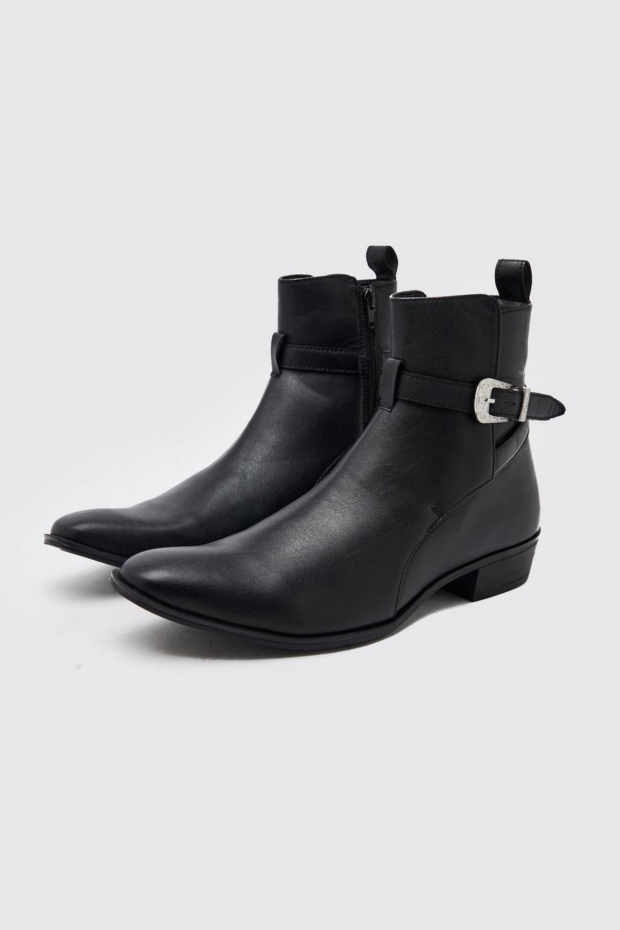 Black nero Faux Leather Buckle Boot
