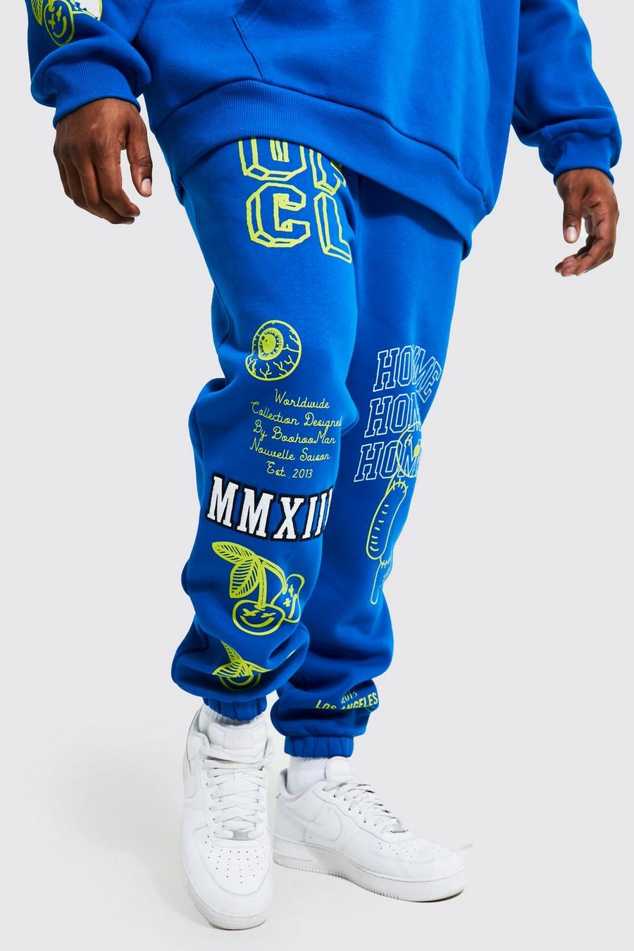 Pantalón deportivo Plus Regular con estampado de grafiti, Cobalt azul