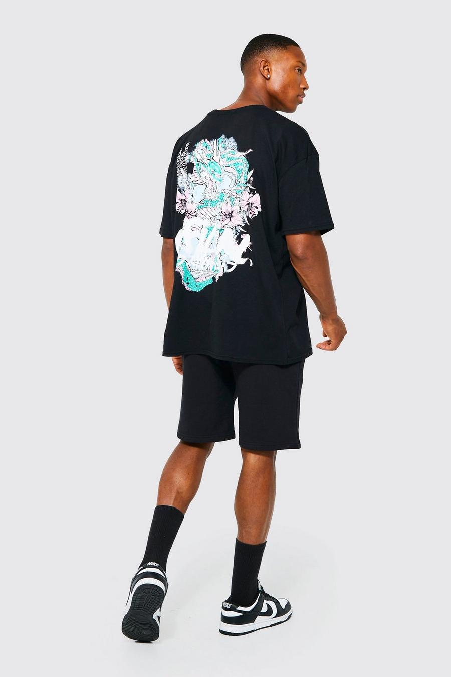 Oversize T-Shirt und Shorts mit Drachen Print, Black image number 1