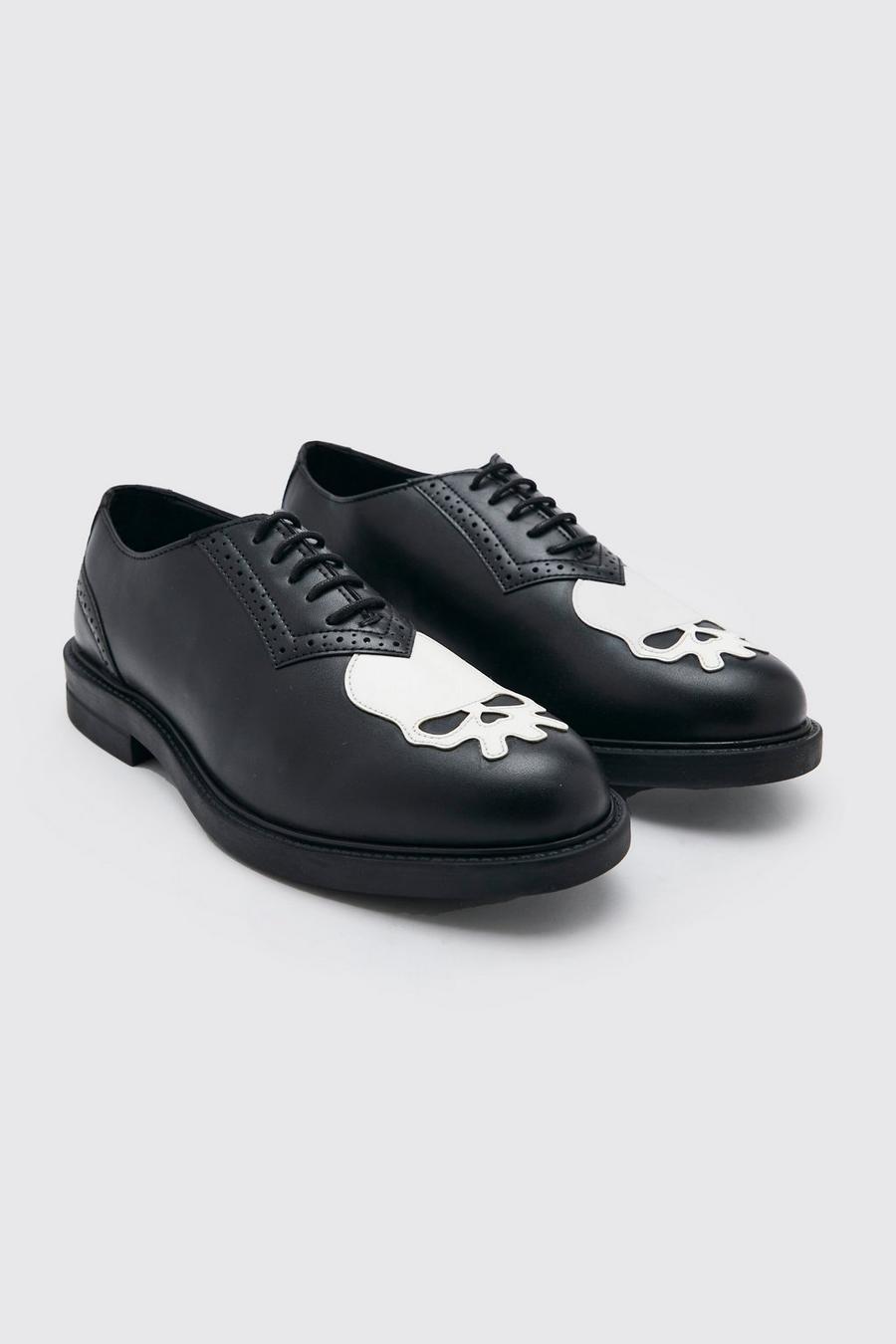 Black Faux Leather Skull Brogue 