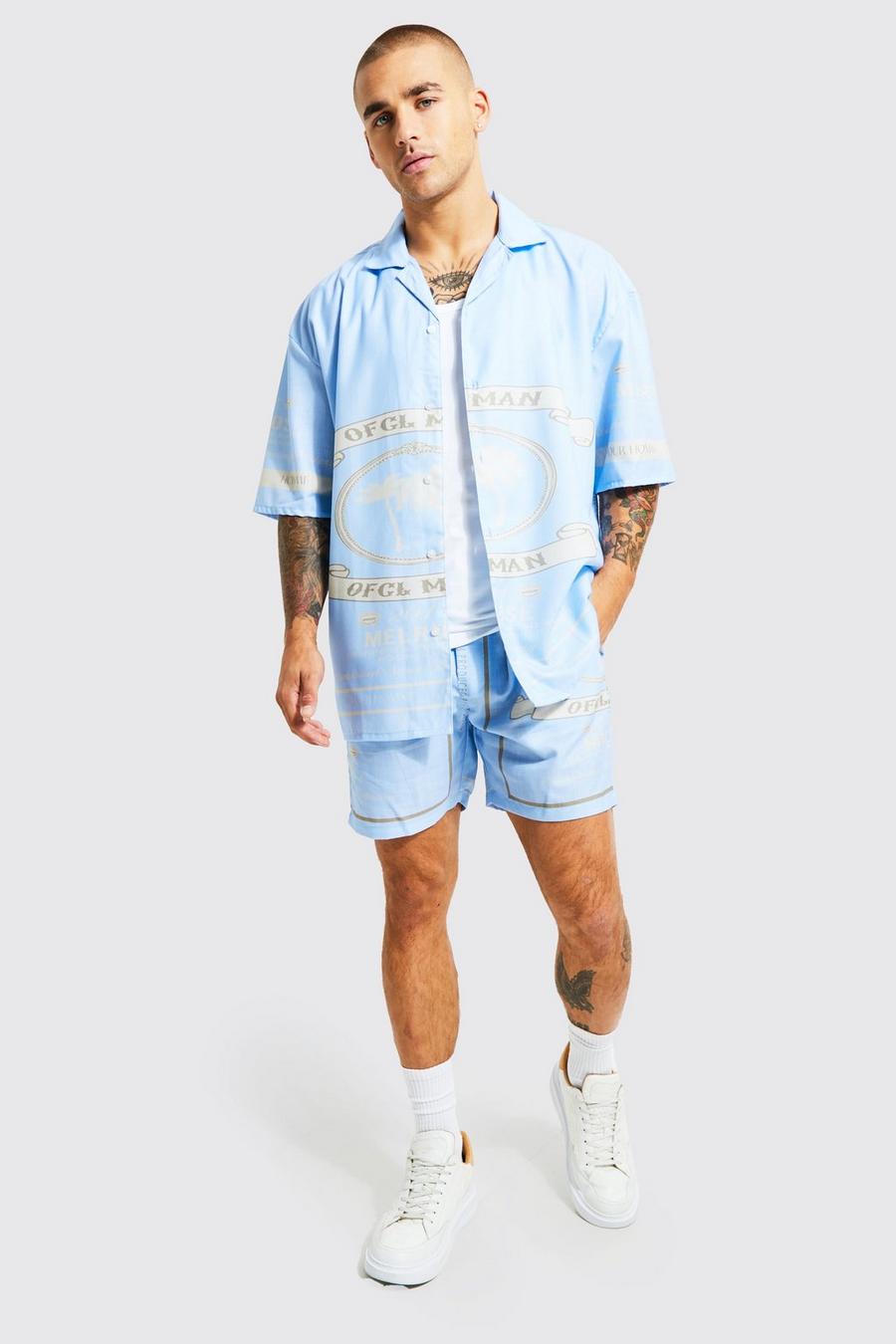 Conjunto de pantalón corto y camisa recta con estampado gráfico MAN Official, Blue azzurro image number 1