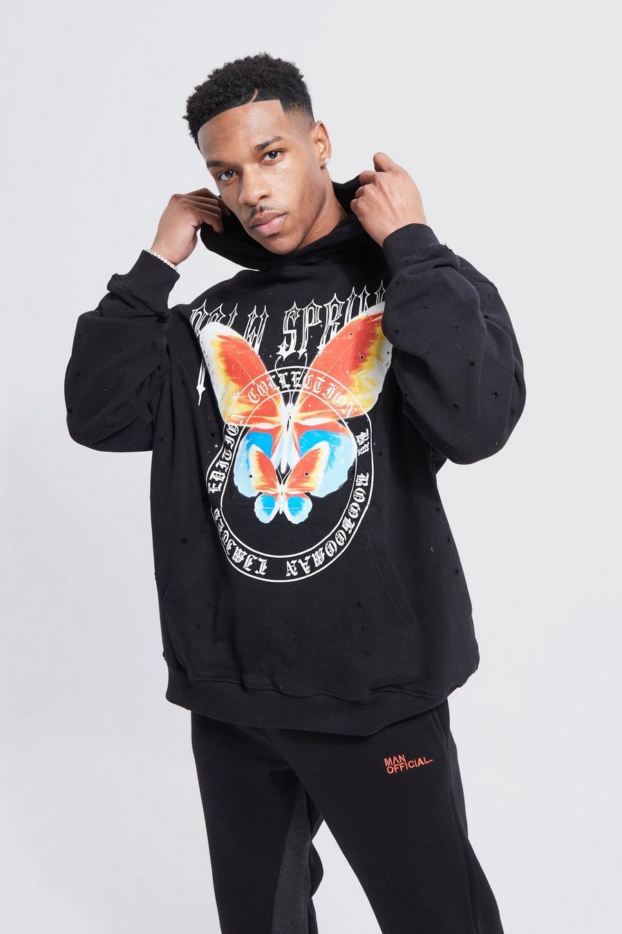 Black negro Oversized Butterfly Graphic Distressed Hoodie