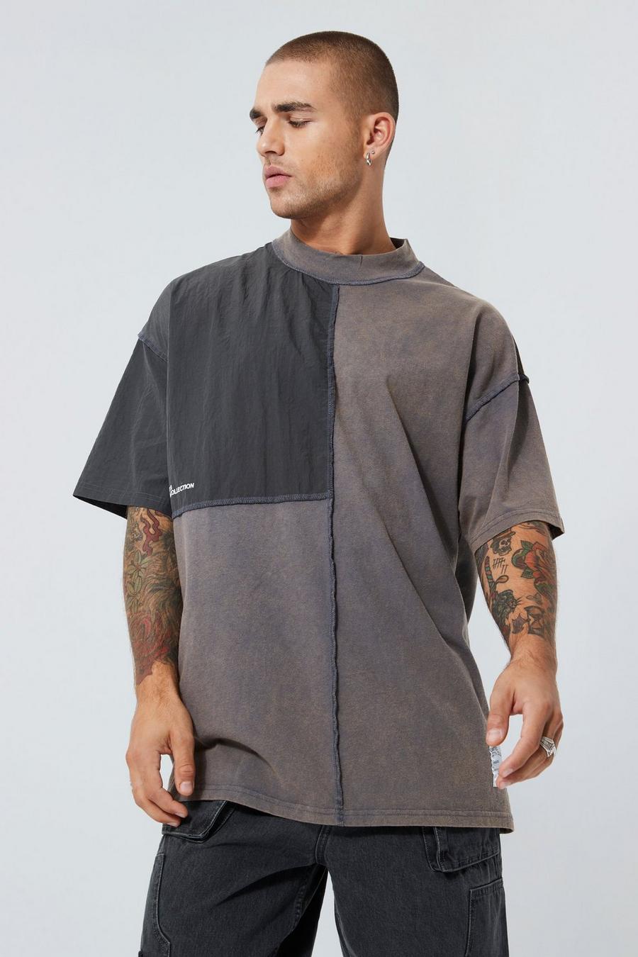Charcoal Oversized Woven Panel Detail Washed T-shirt image number 1
