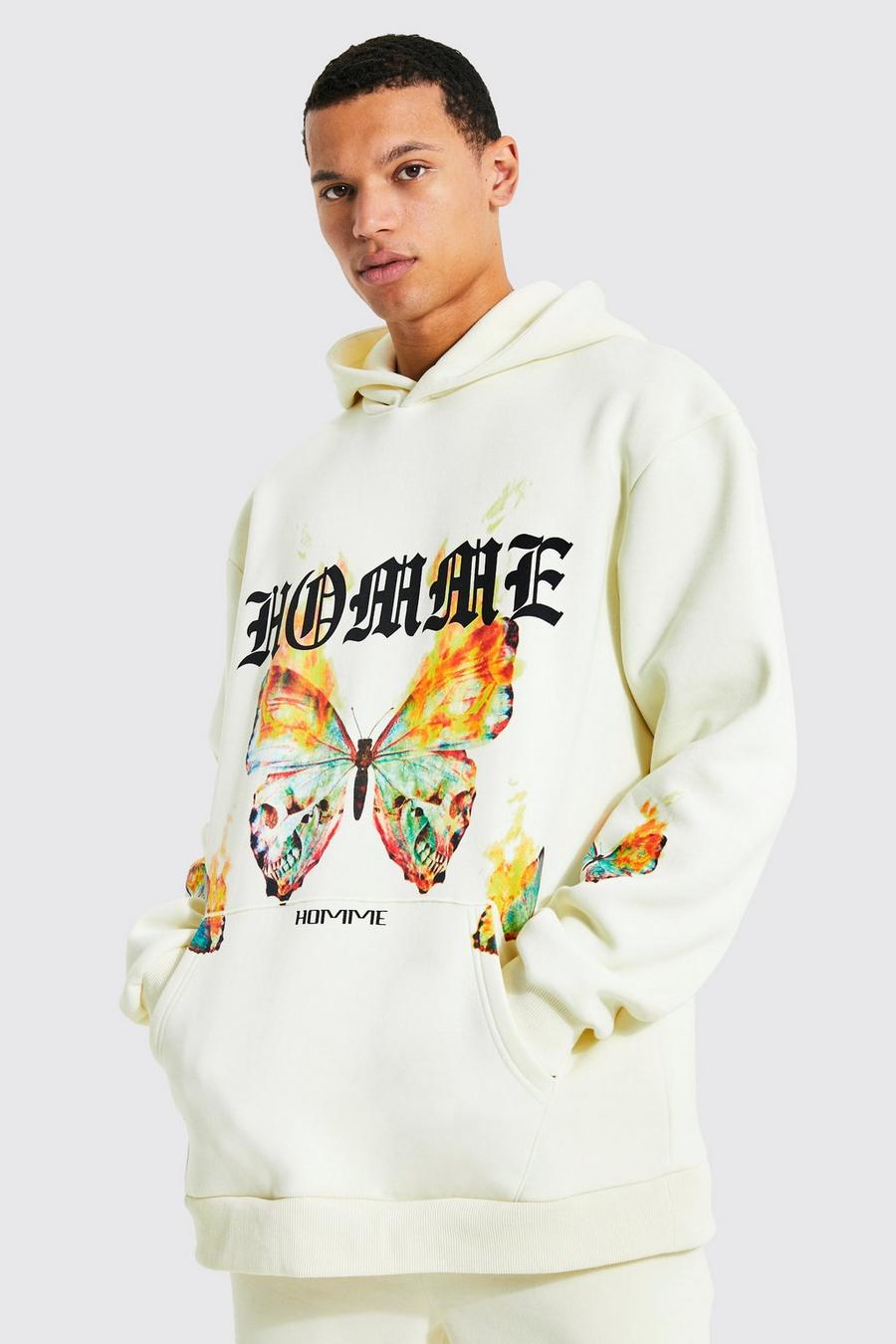 Ecru Tall Oversized Homme Butterfly Hoodie image number 1