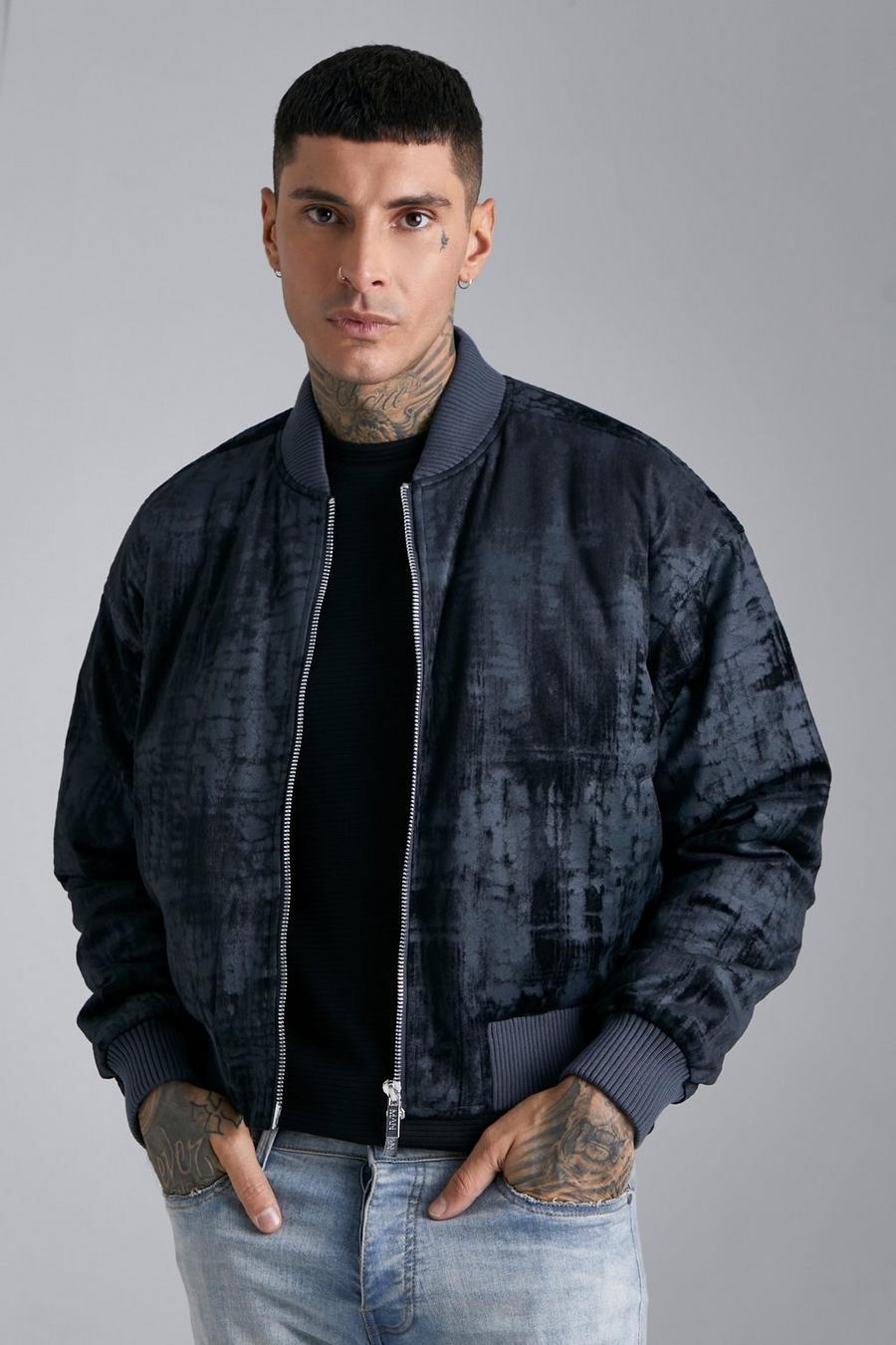 Charcoal grey Distressed Velour Bomber Jacket