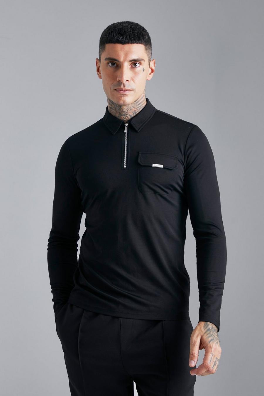 Black Luxe Cargo Slim Fit Long Sleeve Polo Top image number 1