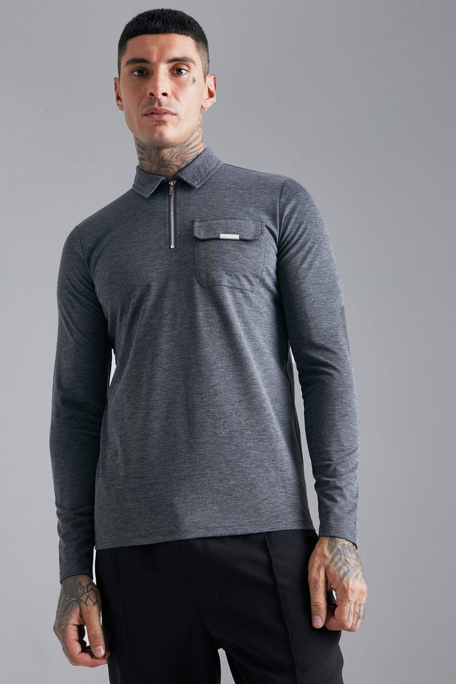 Charcoal Luxe Cargo Slim Fit Long Sleeve Polo Top image number 1