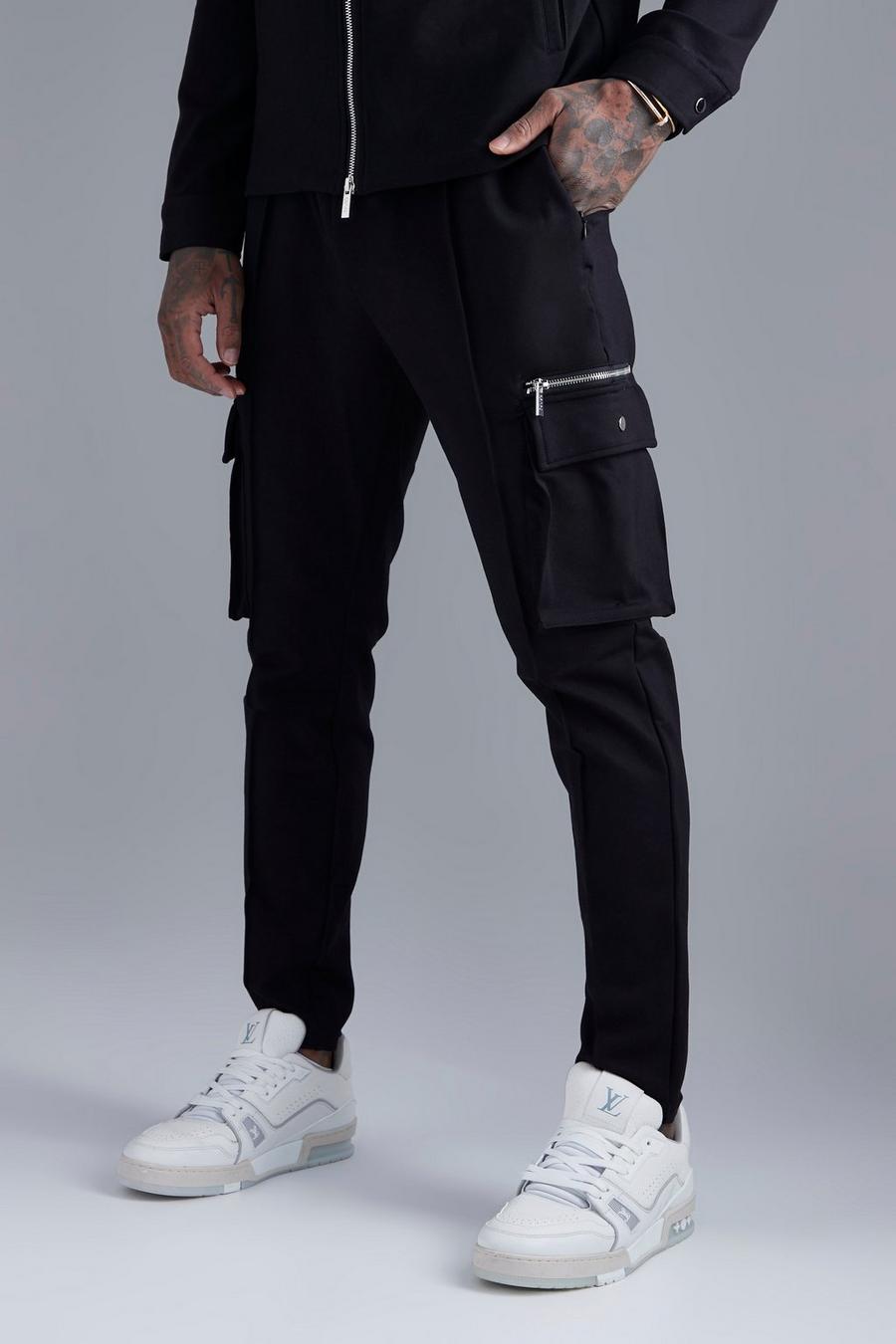 Black Luxe Slim Fit Cargo Trouser image number 1