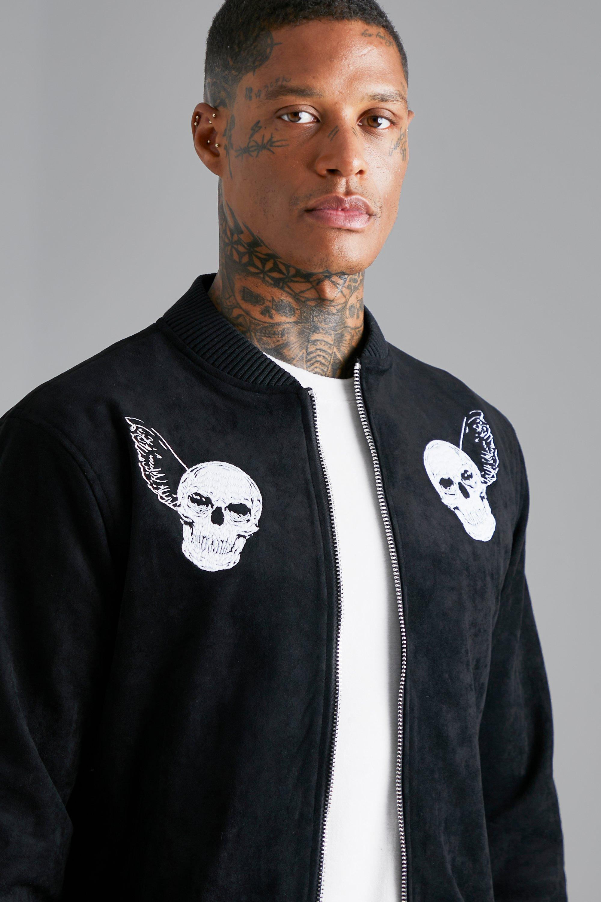 Faux Suede Skull Embroidered Bomber Jacket