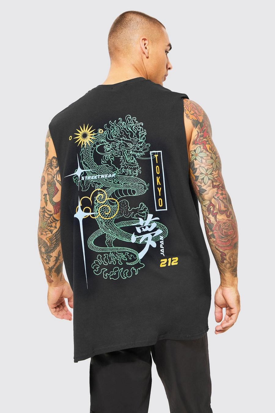 Black Oversized Dragon Graphic Vest