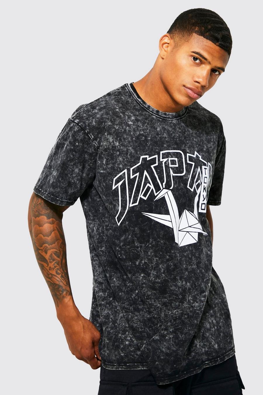 T-shirt oversize délavé imprimé, Charcoal image number 1