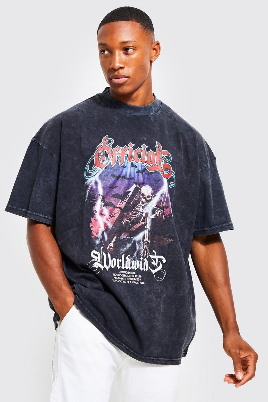 Camiseta oversize con lavado de ácido y estampado gráfico, Black image number 1