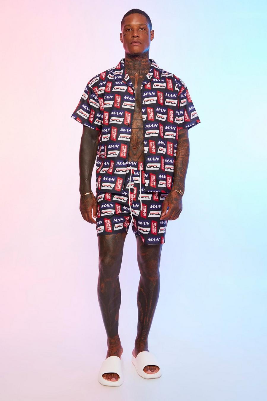 Kastiges Hemd und Shorts mit Man-Print, Black image number 1