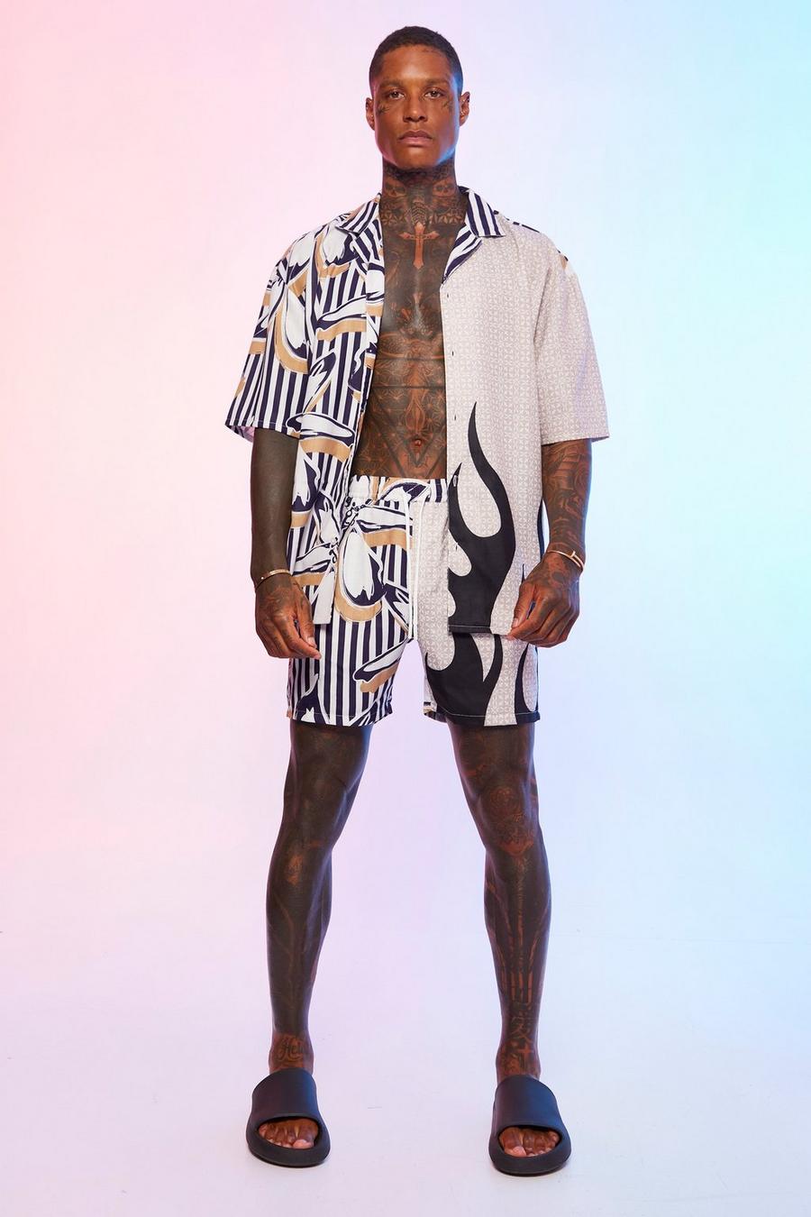 Ecru Boxy Oversize Spliced Floral Shirt And Shorts image number 1