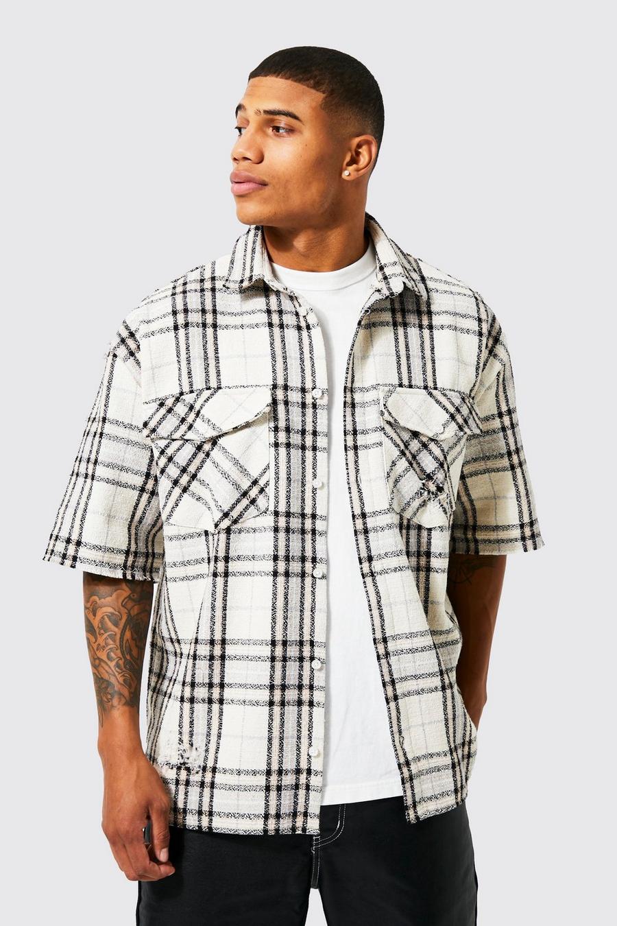 Light grey Short Sleeve Boxy Oversize Boucle Check Shirt image number 1