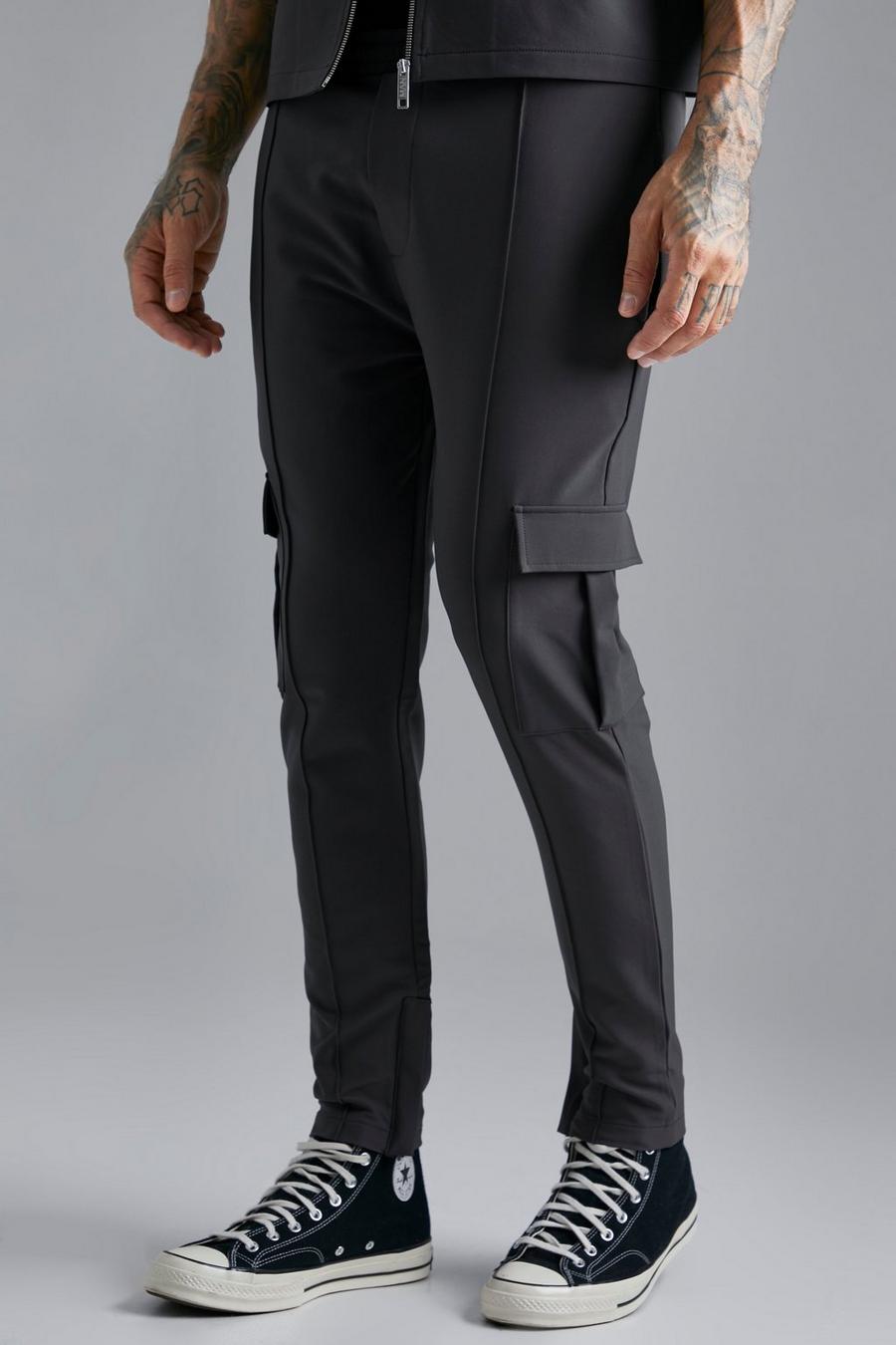 Pantalón ajustado cargo elástico técnico, Charcoal grigio