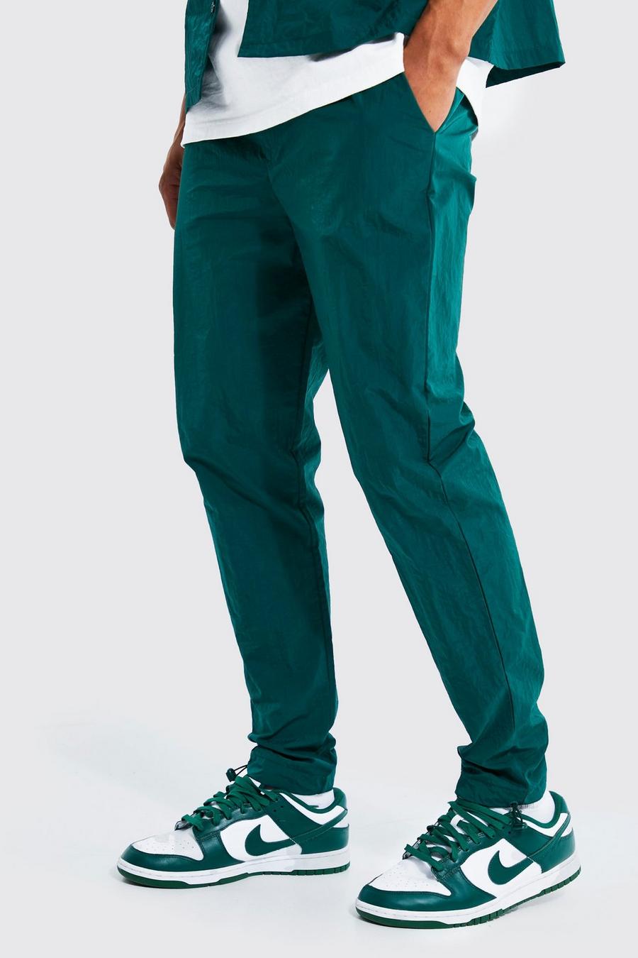 Pantaloni Slim Fit in nylon effetto goffrato con ruches, Forest verde