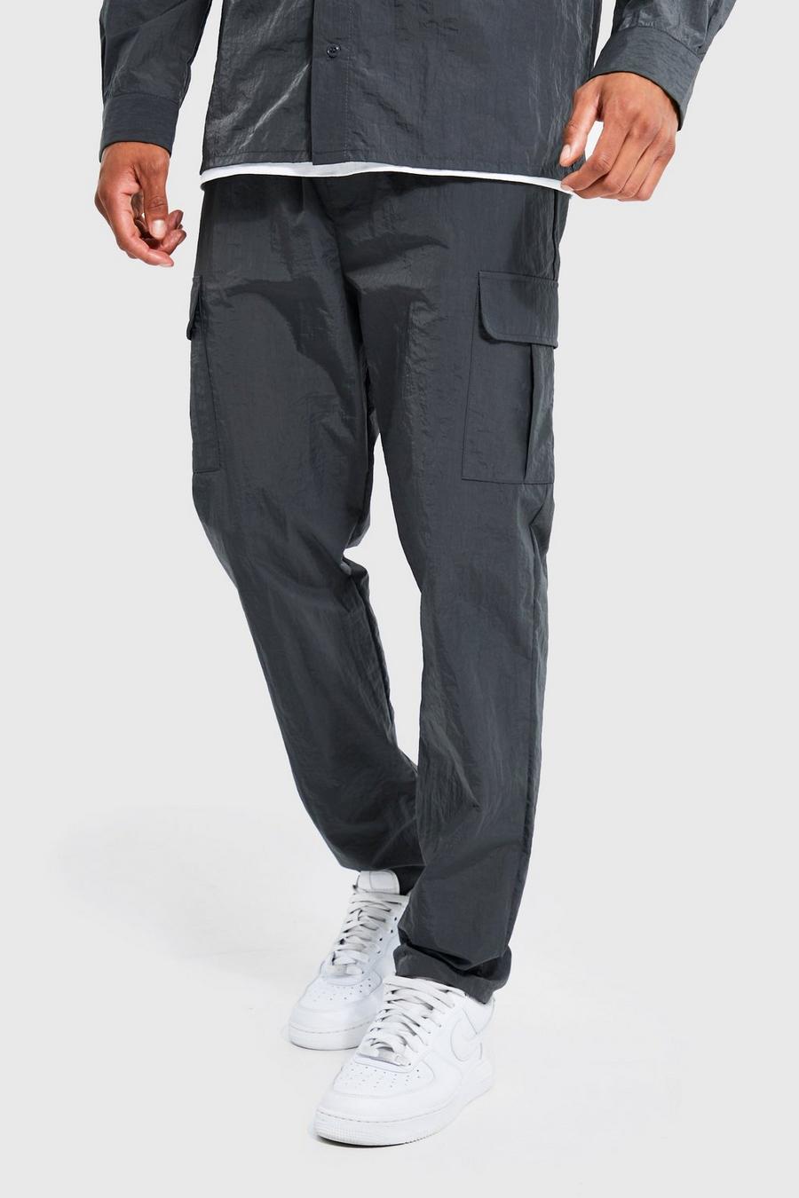 Charcoal gris Slim Fit Crinkle Nylon Cargo Trouser